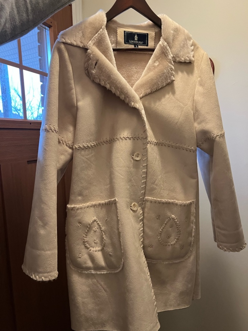 London Fog Cream Faux-Shearling Teddy Coat with Decorative Pockets